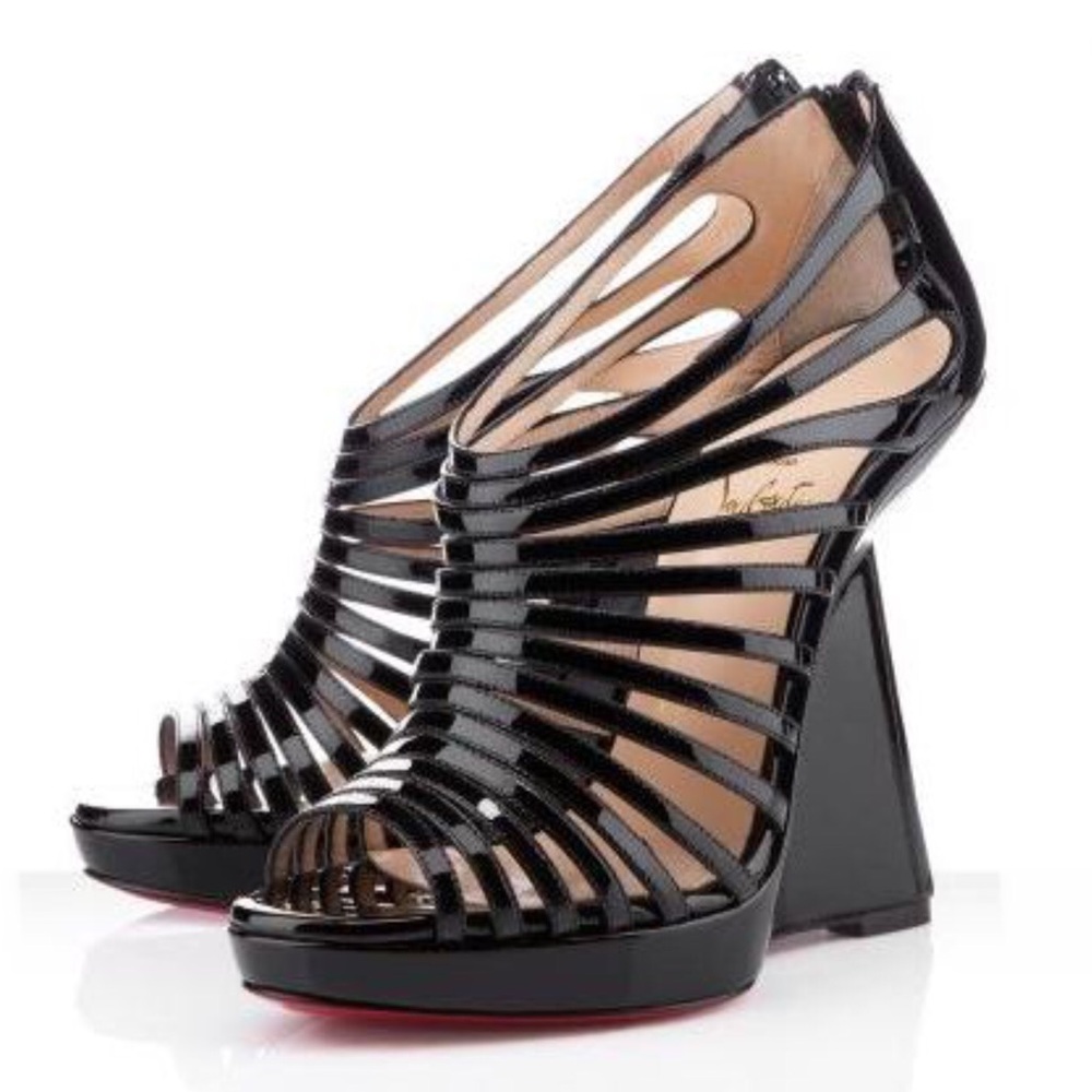 {Louboutin} Disqueen Patent Leather Cage Wedges Size 39.5